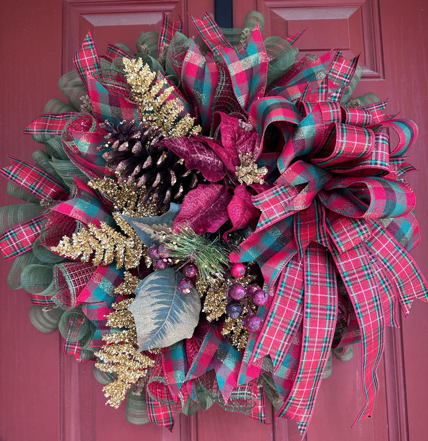 Elegant Plaid & Pinecone Christmas Wreath