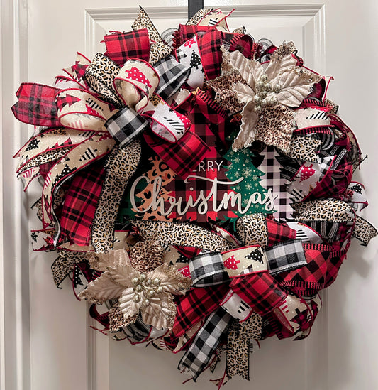 🎄 
Rustic Plaid & Leopard Merry Christmas Wreath
